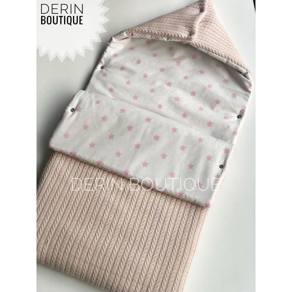 Pembe Yıldız Poplin Pudra Örgü Pike Şapkalı Kundak