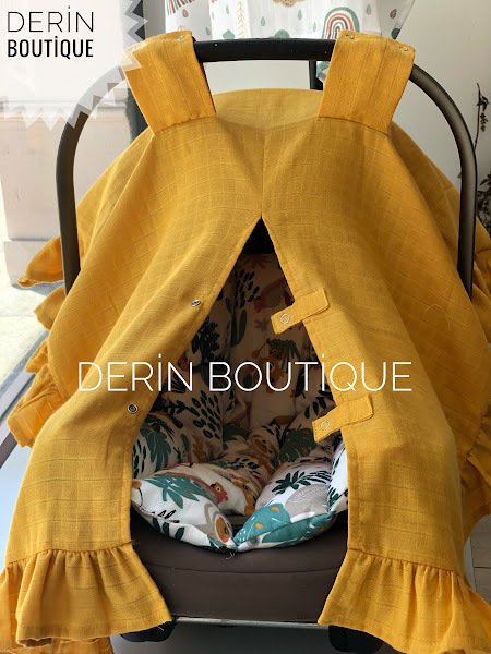 Hardal Müslin Fırfırlı Puset Örtüsü & Puset Minder Seti