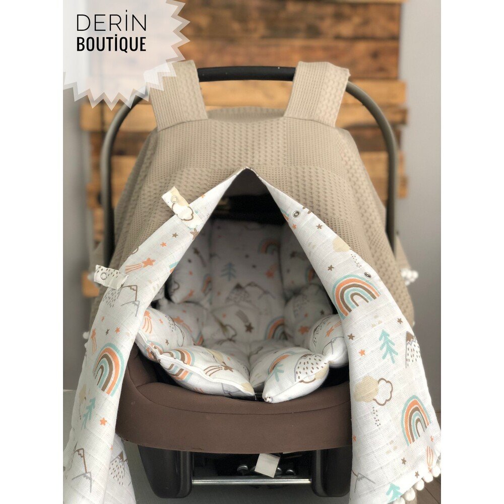 Dağ Gökkuşak Desenli Pikeli Puset Örtüsü & Puset Minder Seti