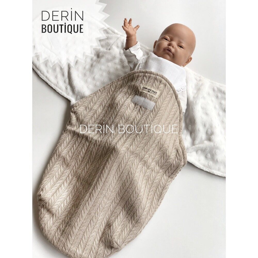 Bej Örgü Beyaz Minky Yarım Kundak