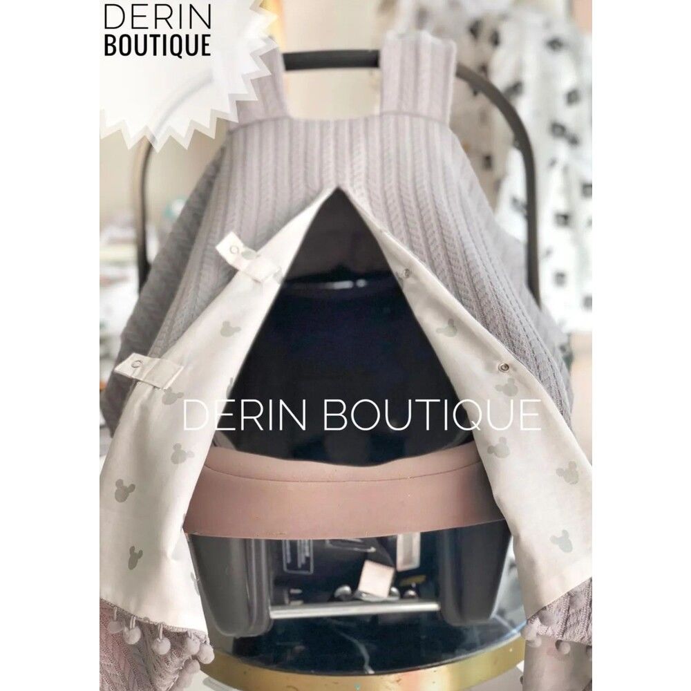 Gri Örgü Gümüş Mickey Poplin Gri Ponponlu Çift Yönlü Puset Örtüsü