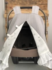 Gri Örgü Gümüş Mickey Poplin Fırfırlı ve Gri Ponponlu Çift Yönlü Puset Örtüsü