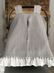 Gri Örgü Gümüş Mickey Poplin Fırfırlı ve Gri Ponponlu Çift Yönlü Puset Örtüsü