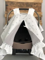 Gri Örgü Gümüş Mickey Poplin Fırfırlı ve Gri Ponponlu Çift Yönlü Puset Örtüsü