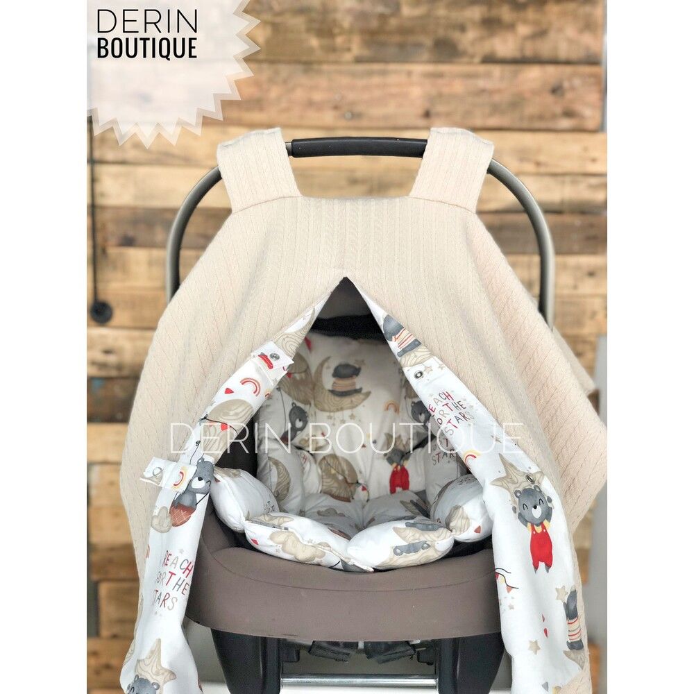 Bej Örgü Uçan Balondaki Ayılar Desenli Çift Yönlü Kullanımlı Puset Örtüsü