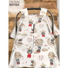 Bej Örgü Uçan Balondaki Ayılar Desenli Çift Yönlü Kullanımlı Puset Örtüsü