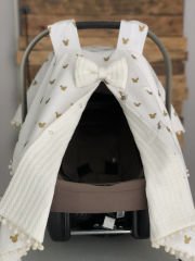 Gold Mickey Krem Örgü Krem Ponpon ve Fiyonklu Çift Yönlü Puset Örtüsü