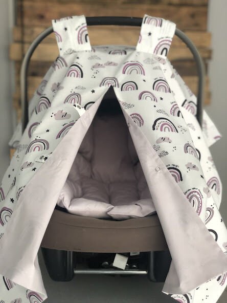 Lila Gökkuşak ve Lila Poplin Çift Yönlü Puset Örtüsü ve Puset Minderi