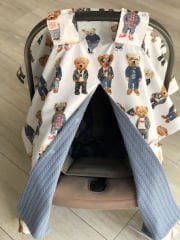Denim Mavi Örgü Gözlüklü Ayılar Poplin Çift Yönlü Puset Örtüsü