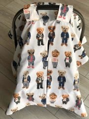 Denim Mavi Örgü Gözlüklü Ayılar Poplin Çift Yönlü Puset Örtüsü