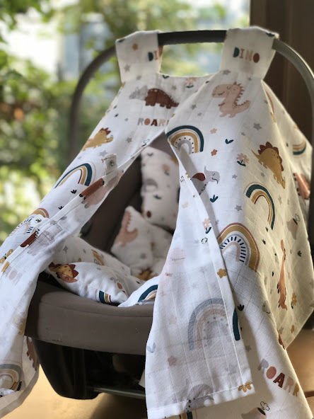 Dinozor Desenli Tek Katlı Müslin Puset Örtüsü ve Minder Seti