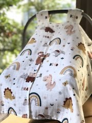 Dinozor Desenli Tek Katlı Müslin Puset Örtüsü ve Minder Seti