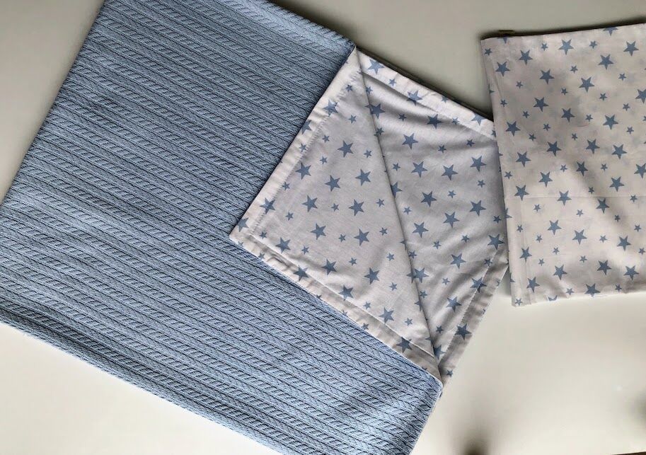 Mavi Örgü Mavi Yıldızlar Poplin Çift Katlı Pike ve Yastık Kılıfı Set
