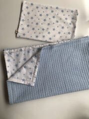 Mavi Örgü Mavi Yıldızlar Poplin Çift Katlı Pike ve Yastık Kılıfı Set