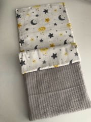 Gri Örgü Sarı Gri Yıldız Müslin Şapkalı Kundak