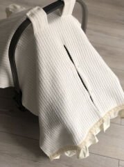 Krem Örgü Soft Gökkuşak Müslin Krem Poplin Fırfır Krem Dantelli Çift Yönlü Puset Örtüsü