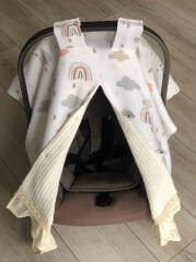 Krem Örgü Soft Gökkuşak Müslin Krem Poplin Fırfır Krem Dantelli Çift Yönlü Puset Örtüsü