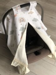 Krem Örgü Soft Gökkuşak Müslin Krem Poplin Fırfır Krem Dantelli Çift Yönlü Puset Örtüsü