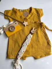 Kruvaze Yaka Hardal Renk Müslin Tulum