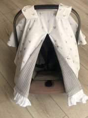 Gri Örgü Pike Gümüş Mickey Poplin Beyaz Poplin Fırfır ve Gri Dantelli Puset Örtüsü