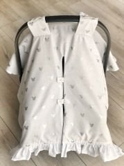 Gri Örgü Pike Gümüş Mickey Poplin Beyaz Poplin Fırfır ve Gri Dantelli Puset Örtüsü