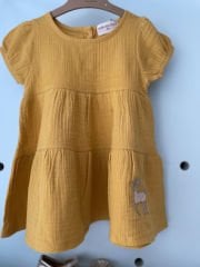 Hardal Renk Nakışlı Bürümcük Müslin Elbise