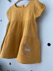 Hardal Renk Nakışlı Bürümcük Müslin Elbise