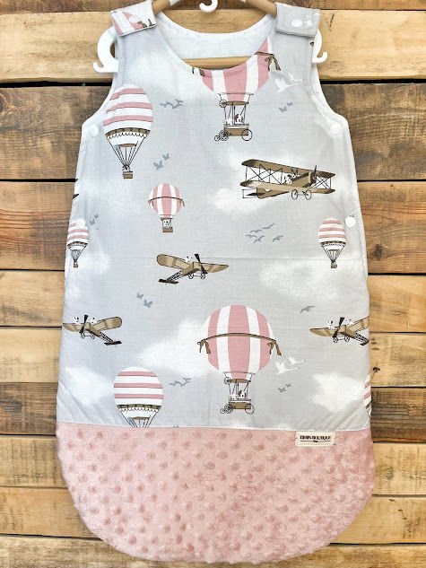 Pembe Uçaklı Balon Poplin Pembe Minky Uyku Tulumu