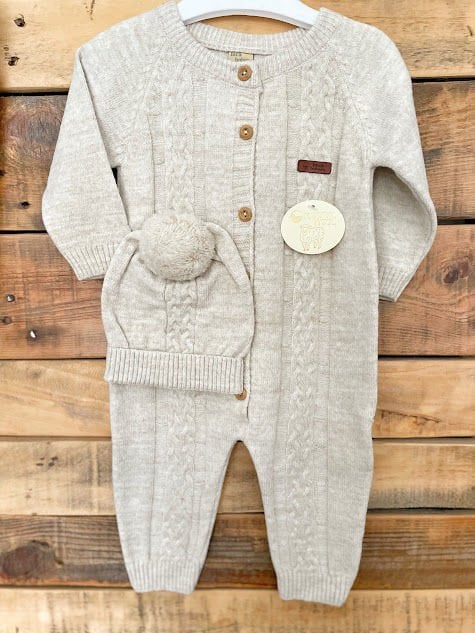 Bej Örgü Desenli Triko Tulum