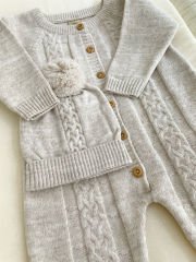 Bej Örgü Desenli Triko Tulum