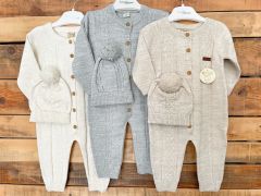 Bej Örgü Desenli Triko Tulum