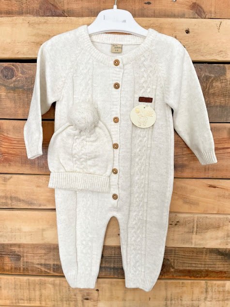 Krem Örgü Desenli Triko Tulum