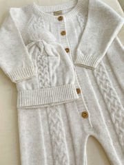 Krem Örgü Desenli Triko Tulum