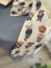 Denim Mavi Örgü Gözlüklü Ayılar Poplin Pike