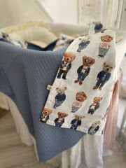 Denim Mavi Örgü Gözlüklü Ayılar Poplin Pike