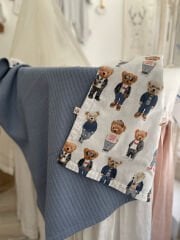 Denim Mavi Örgü Gözlüklü Ayılar Poplin Pike