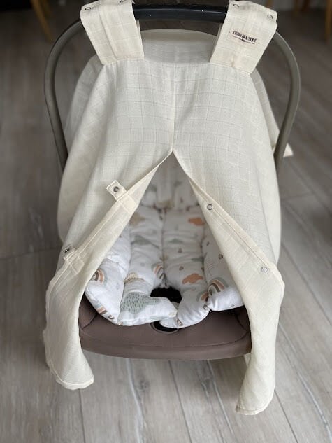 Krem Müslin Tek Katılı Puset Örtüsü & Soft Gökkuşak Desenli Müslin Puset Minder Seti