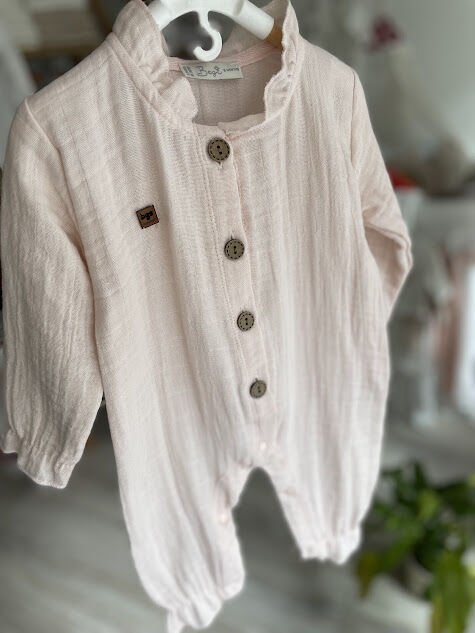 Pudra Müslin Uzun Kollu Fırfır Yakalı Tulum