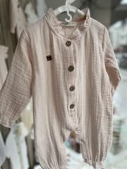 Pudra Müslin Uzun Kollu Fırfır Yakalı Tulum