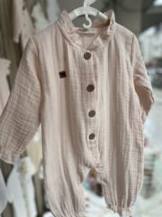 Pudra Müslin Uzun Kollu Fırfır Yakalı Tulum