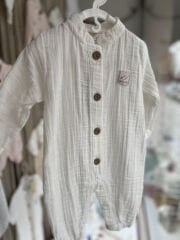 Beyaz Müslin Uzun Kollu Yakalı Tulum