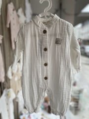 Beyaz Müslin Uzun Kollu Yakalı Tulum