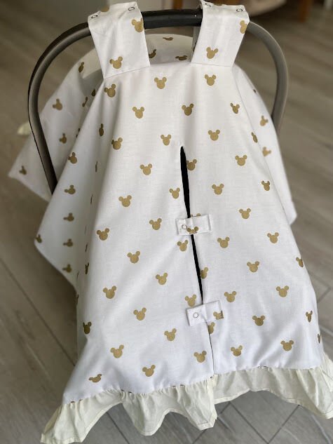 Krem Örgü Gold Mickey Poplin Fırfırlı Çift Yönlü Puset Örtüsü